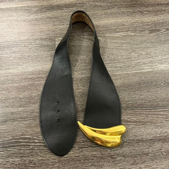 Vintage Donna Karan New York Black Leather Waist Belt Med Gold Sculptural Buckle - Picture 14 of 15